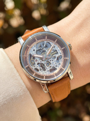 Close up shot of Fossil ME3109 on wrist showing the transparent boyfriend style movement