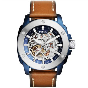 Front view of Fossil Modern Machine ME3135 men's automatic skeleton watch with brown leather strap.