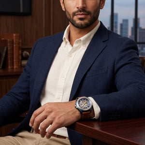 Luxury lifestyle image featuring the Fossil Modern Machine ME3135 automatic skeleton watch.