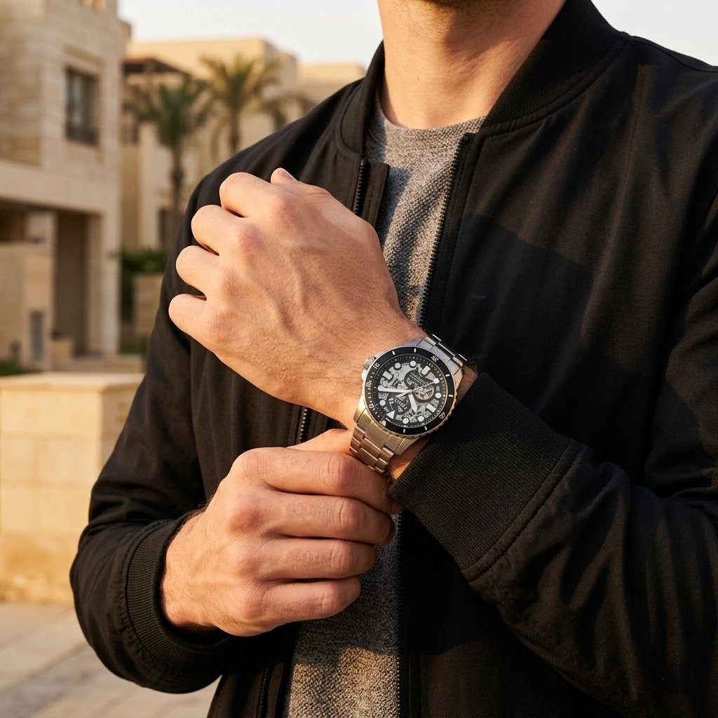 Lifestyle photo of Fossil ME3190 showing the bold silver automatic watch on a man's wrist