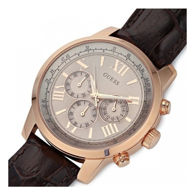 Guess Watch for Men Leather Strap Stainless Steel Case Champagne Dial w0380g4