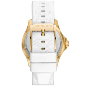 Gold-tone stainless steel pin buckle with engraved Michael Kors logo on the white rubber strap