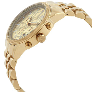 Side profile of the polished gold-tone case, crown, and pushers of the Michael Kors MK8953