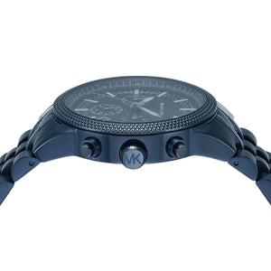 Side profile of the navy blue case, textured crown, and chronograph pushers on the Michael Kors MK9088