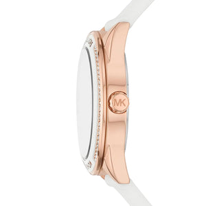 Side profile of the polished rose gold-tone case and crown on the Michael Kors MK6945