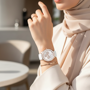 Detailed shot of the pavé crystal-encrusted bezel on the Michael Kors Jessa MK6945