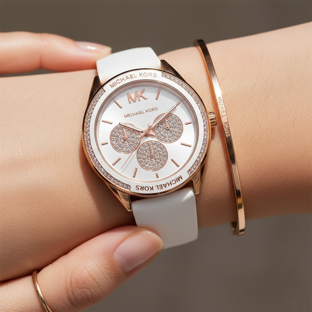 Close up of the MK6945 white dial showing rose gold-tone indices and crystal-encrusted sub-dials