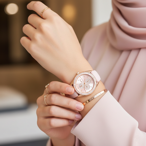 Detailed shot of the pavé crystal-encrusted bezel on the Michael Kors Jessa MK6946