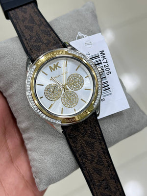 Authentic product photography of the Michael Kors MK7205 Jessa showing the elegant brown, gold, and silver color contrast