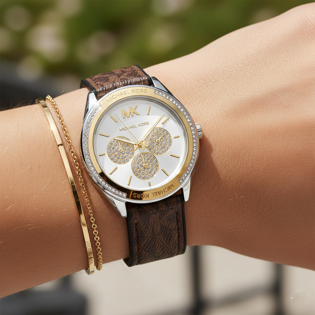 Detailed close-up of the MK7205 white dial with gold-tone accents, crystal-encrusted sub-dials, and pavé crystal bezel