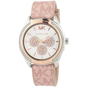 An angled perspective of the MK7206 highlighting the polished silver and rose gold-tone finish and the radiant crystal topring