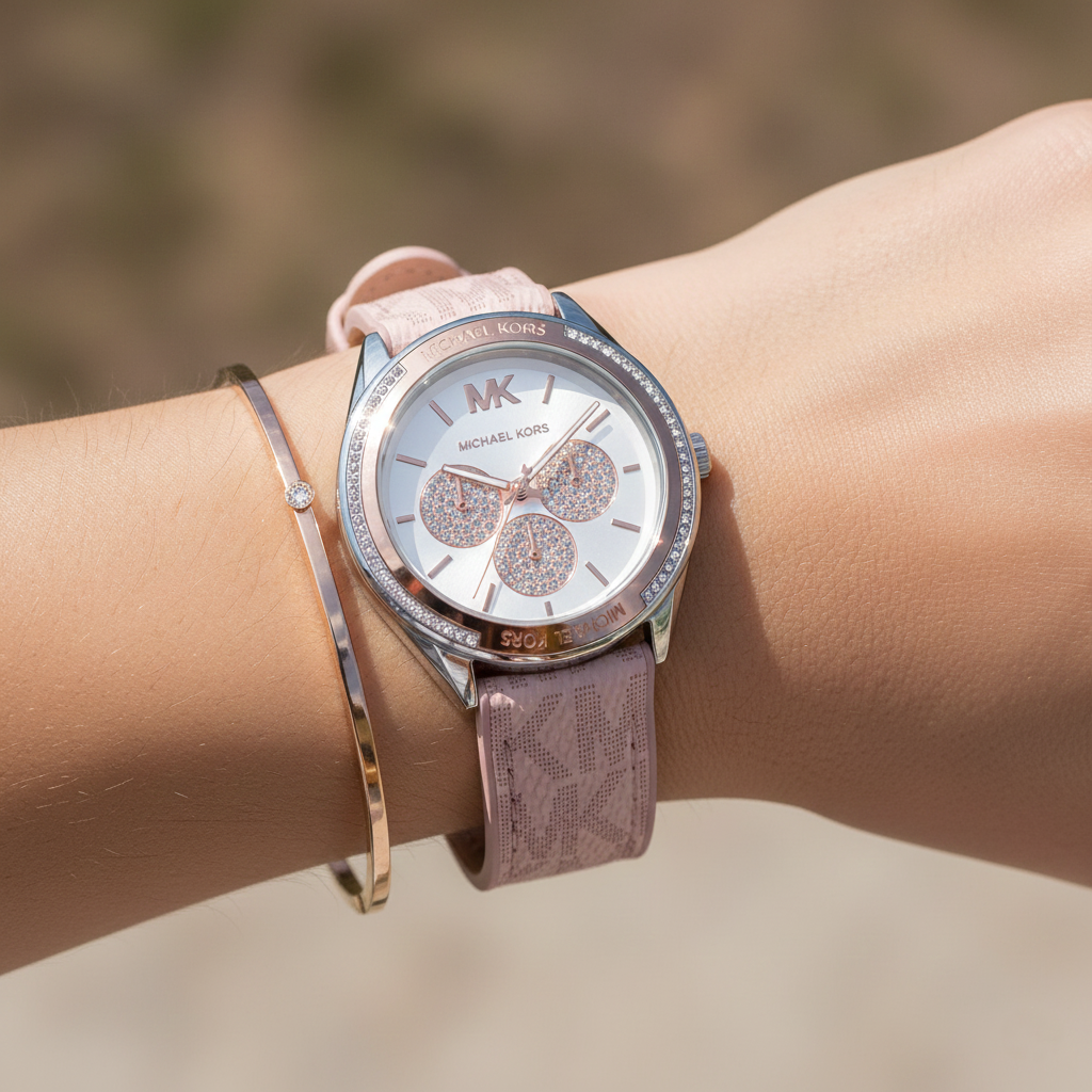 Lifestyle shot of a woman's wrist wearing the Michael Kors MK7206 two-tone watch with the branded pink rubber strap