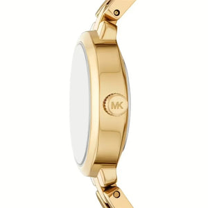 Gold watch with Michael Kors logo on a white background
