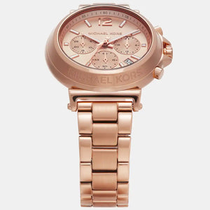 Left angled view of Michael Kors Raquel MK4688 women's quartz battery watch showing rose gold-tone stainless steel bracelet and case profile