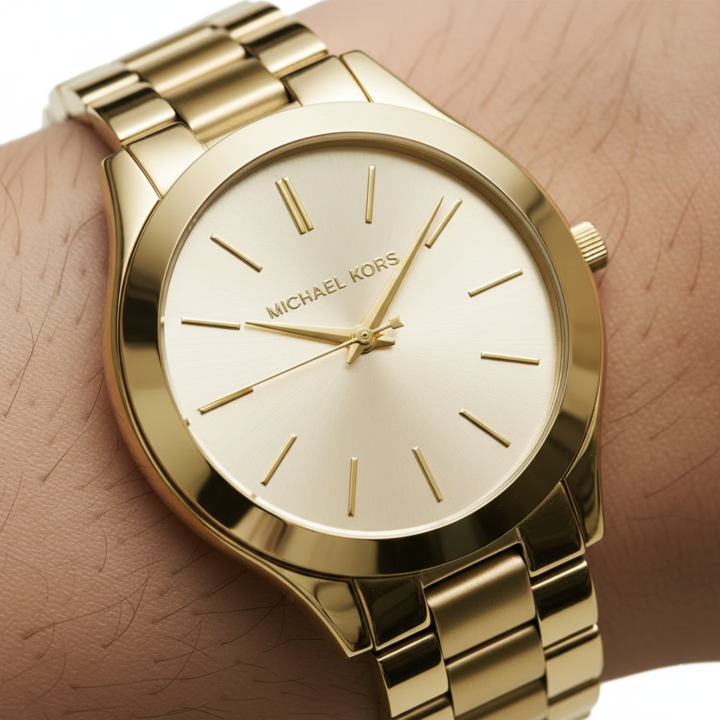 Extreme close-up of Michael Kors MK3179 showing gold sunray dial and stick indices
