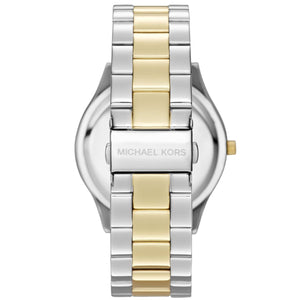Detailed view of silver and gold stainless steel links for MK3198 watch