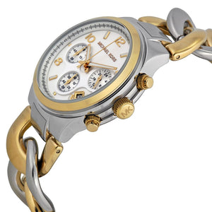 Angled front view of Michael Kors MK3199 showing depth of chronograph dial