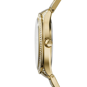 Side profile of Michael Kors MK3312 showing gold-tone case and crystal lugs