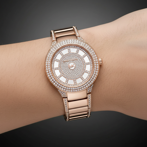 Extreme close-up of Michael Kors MK3443 showing rose gold crystal bezel and dial