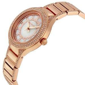 Michael Kors MK3443 on smooth female wrist showing rose gold evening style
