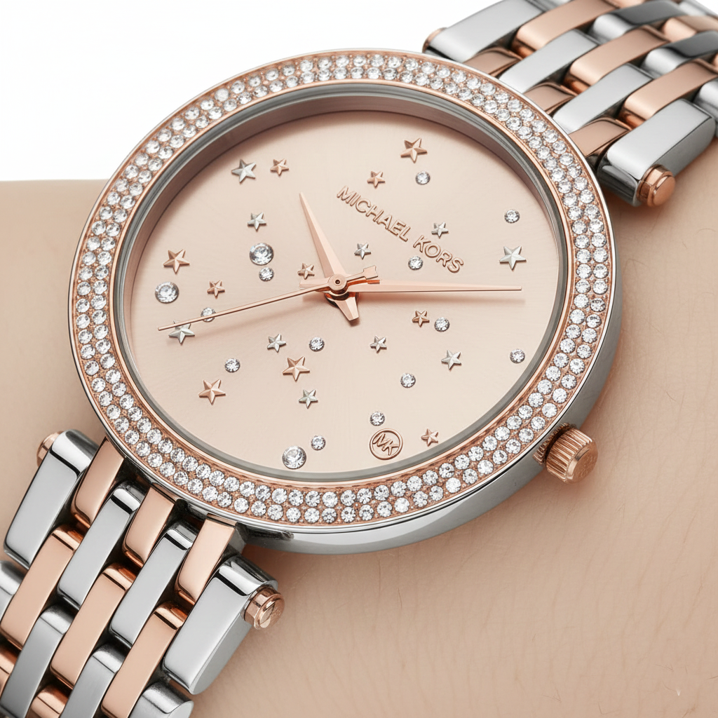 تفاصيل مينا ساعة Michael Kors MK3726 الروز جولد المزينة بالنجوم والكريستالات