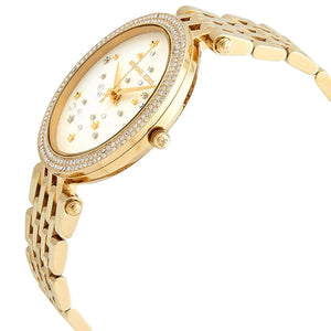 Angled front view of Michael Kors MK3727 showing gold sunray dial effect