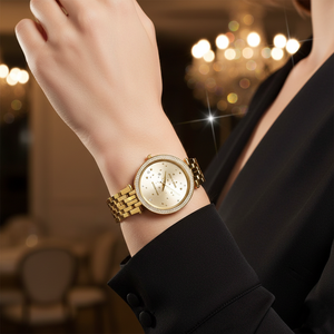 Elegant woman wearing Michael Kors MK3727 full gold watch on smooth hairless wrist