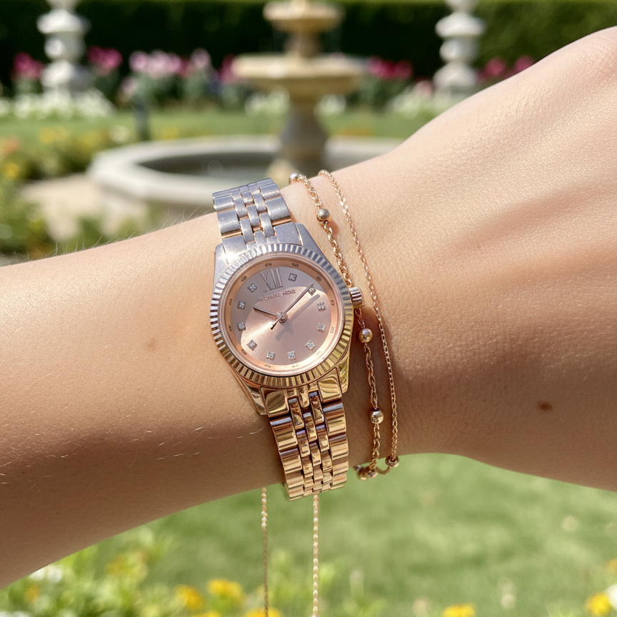 Close up shot of Michael Kors MK4739 Rose Gold on wrist showing the delicate size and sunray dial reflection