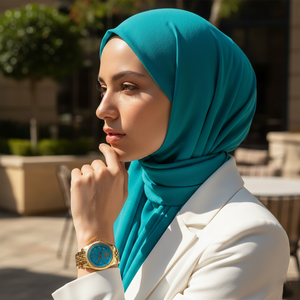 Woman wearing Michael Kors Lexington Mini gold watch with turquoise dial styled as elegant jewelry