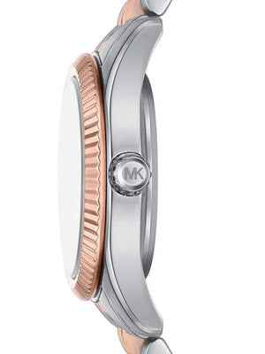 Side profile of Michael Kors MK4817 showing rose gold fluted bezel and two-tone links