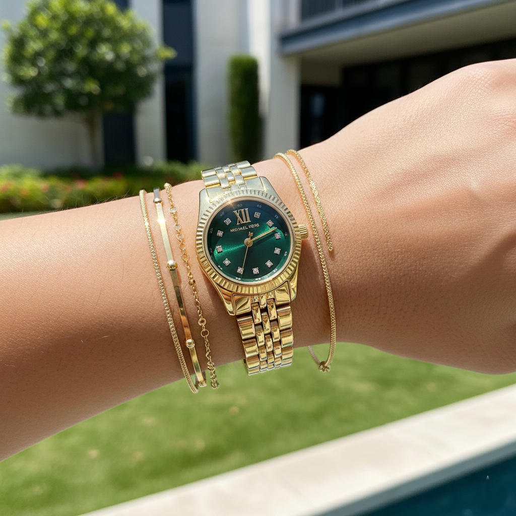 Close up shot of Michael Kors MK4842 Gold on wrist showing the delicate size and green dial reflection