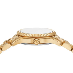 Side profile view showing the slim 7mm gold-tone case thickness of the Michael Kors MK4842