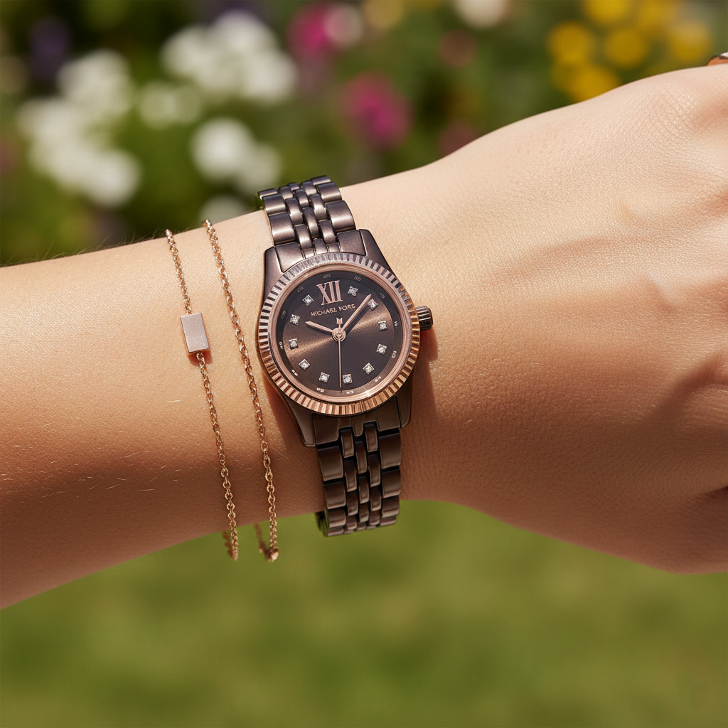 Close up shot of Michael Kors MK4844 on wrist showing the rich brown sunray dial and sparkling crystal indices