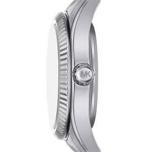 Side profile view showing the slim 7mm silver case thickness of the Michael Kors Lexington Mini watch