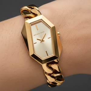 Close-up of Michael Kors MK4878 unique hexagonal gold case and sunray gold dial