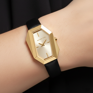 Close-up of Michael Kors MK4880 unique hexagonal gold case and sunray gold dial