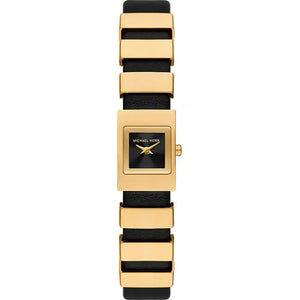 Michael Kors Darrington MK4887 women watch with gold square case and black leather link strap