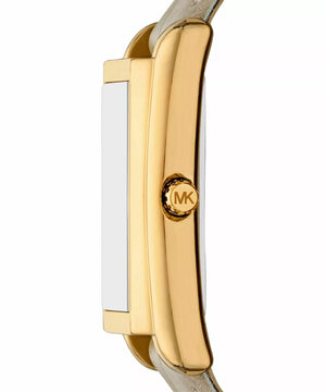 Side profile of Michael Kors MK4964 showing the rectangular gold case and grey strap