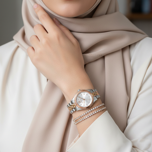 Modest woman wearing Michael Kors MK4987 silver and rose gold watch on hairless wrist
