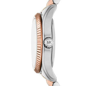 Side profile of Michael Kors MK4987 showing rose gold fluted bezel and crown