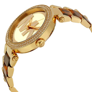 Angled front view of Michael Kors MK6109 showing depth of logo dial and crystals