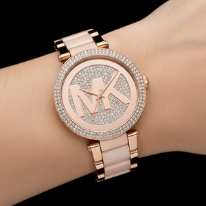 تفاصيل مينا ساعة Michael Kors MK6176 البينك والإطار المرصع بفصوص الكريستال المزدوجة