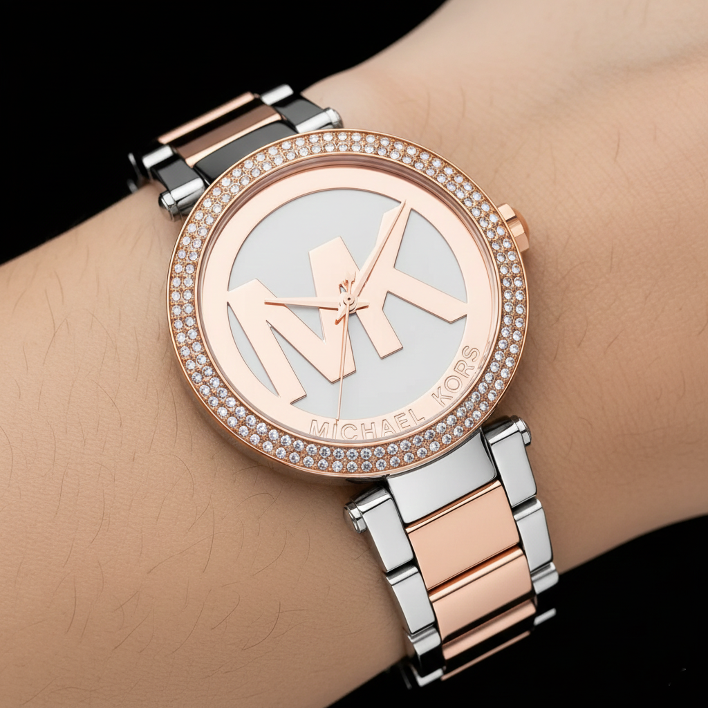 تفاصيل مينا ساعة Michael Kors MK6314 الروز جولد واللوجو الكبير وإطار الكريستال