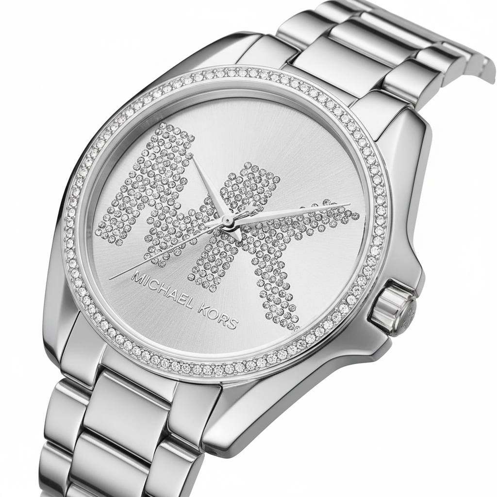 تفاصيل مينا ساعة Michael Kors MK6554 واللوجو المرصع بفصوص الكريستال اللامعة