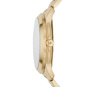 Side view of Michael Kors MK6682 showing polished gold bezel and case thickness