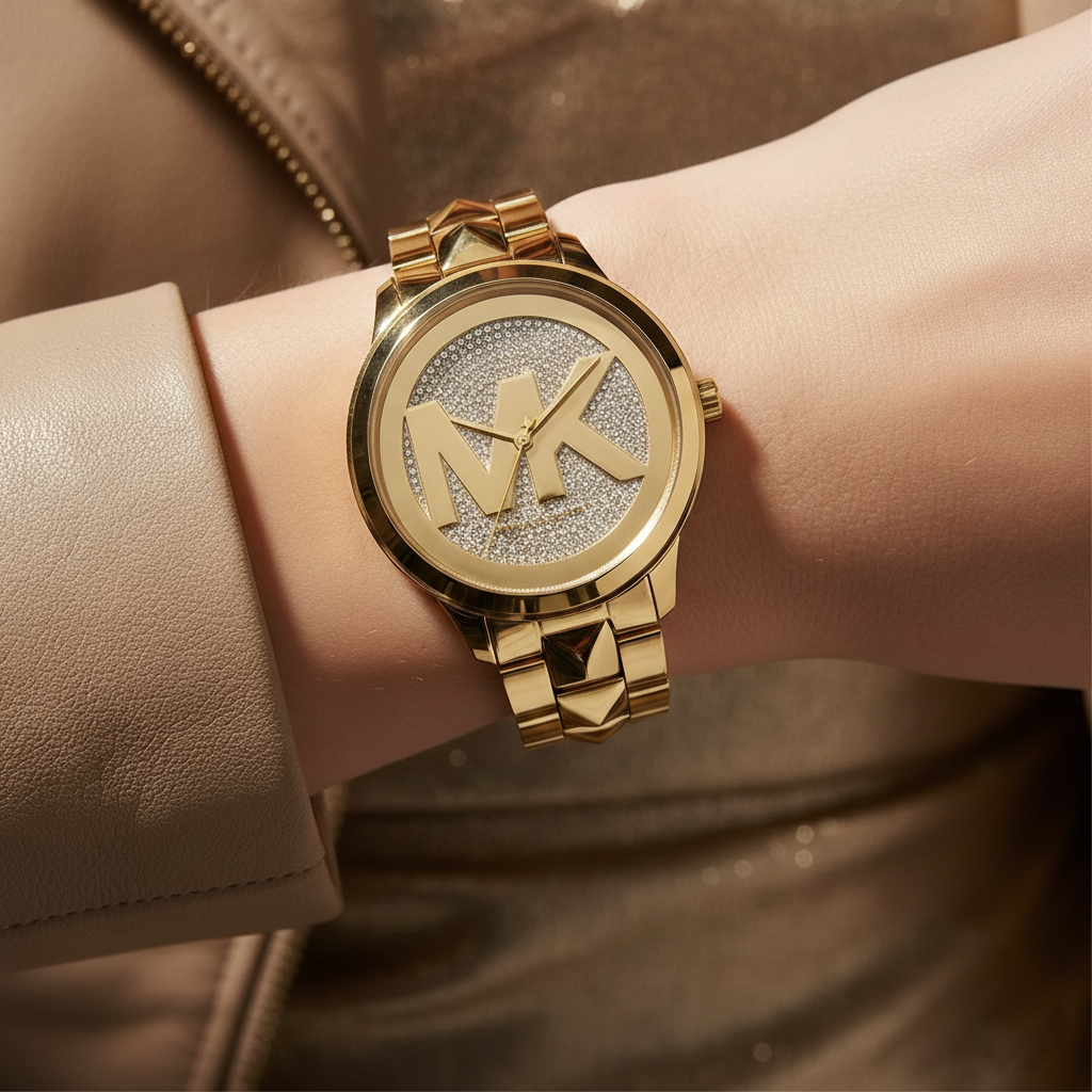 Extreme close-up of Michael Kors MK6714 showing studded bracelet links and crystal dial