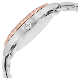 Angled front view of Michael Kors MK6849 showing crystal setting and bezel texture