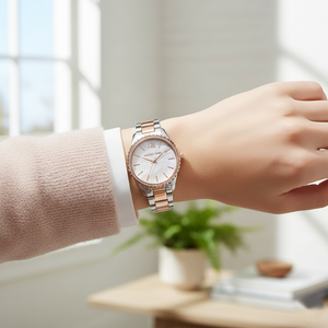 Sophisticated woman wearing Michael Kors MK6849 two-tone watch on smooth hairless wrist