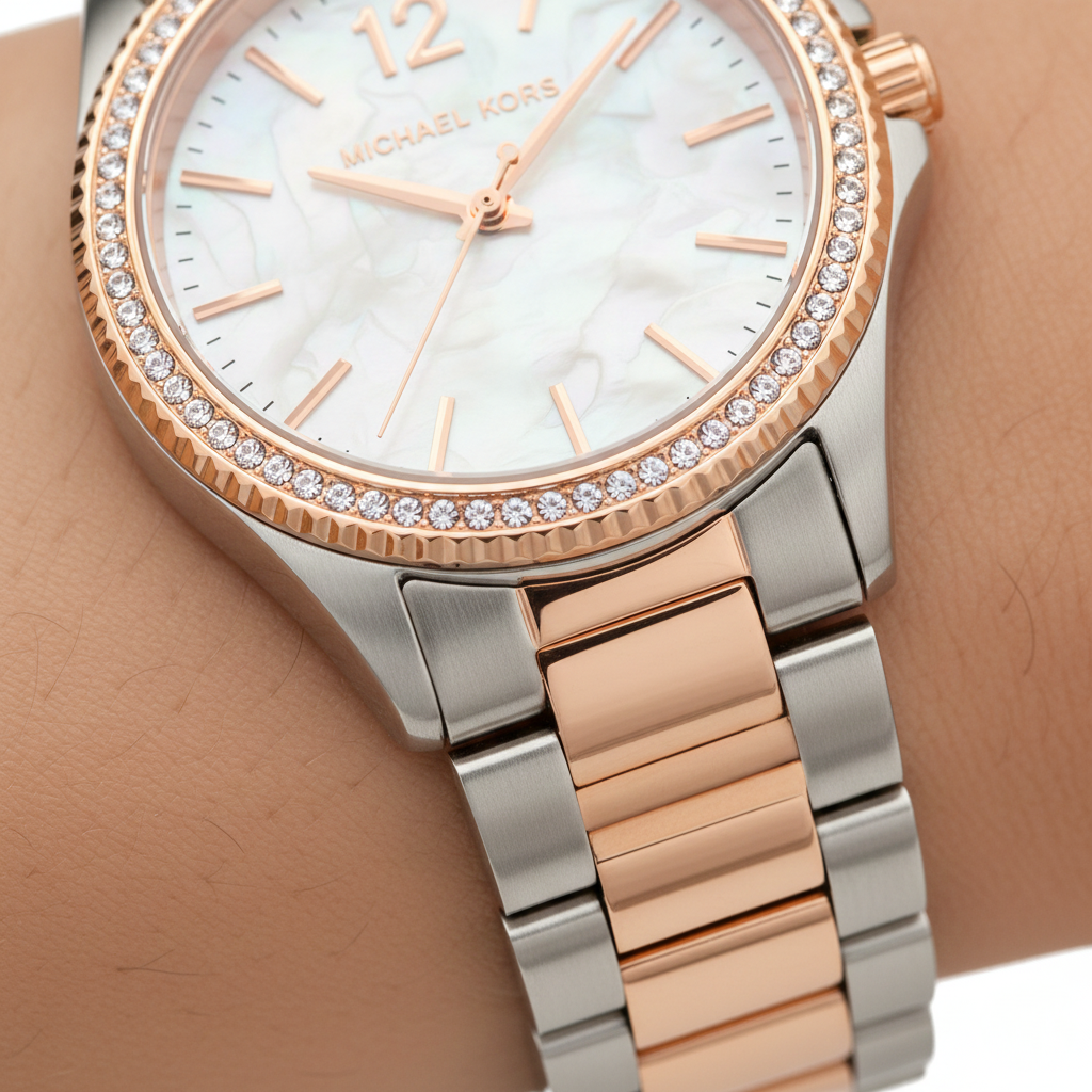 Extreme close-up of Michael Kors MK6849 showing white pearl dial and rose gold 12