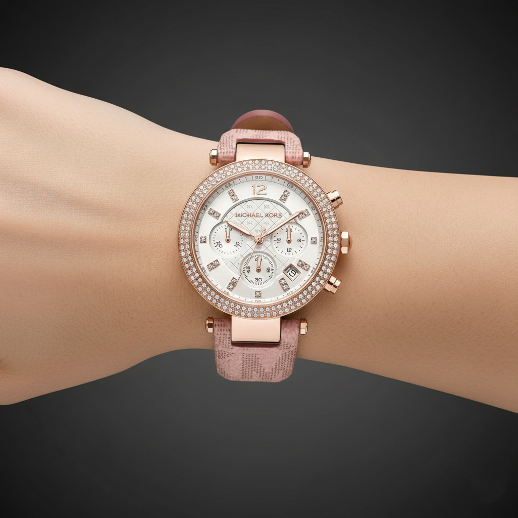 Extreme close-up of Michael Kors MK6935 showing crystal bezel and pink logo strap